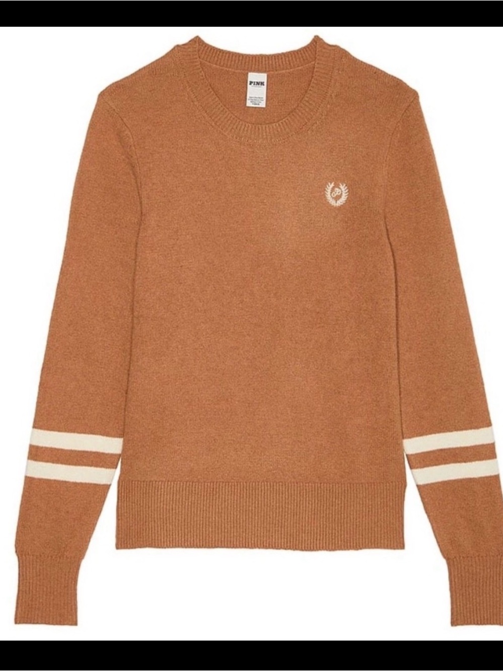 NWT PINK Victoria’s Secret Tan, Camel Varsity Collegiate Knit Crew Neck Sweater